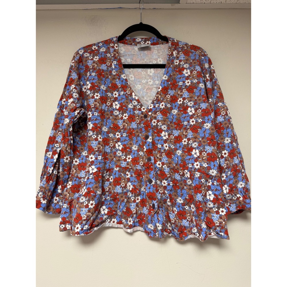 Frank And Oak Floral Print Peplum Blouse Top Red Blue White L‎